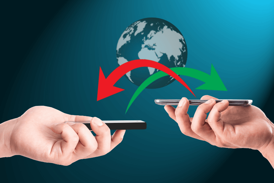 Ilustração de portabilidade de crédito com celulares conectados e setas ao redor do globo, simbolizando a transferência de financiamento de veículo entre instituições financeiras.